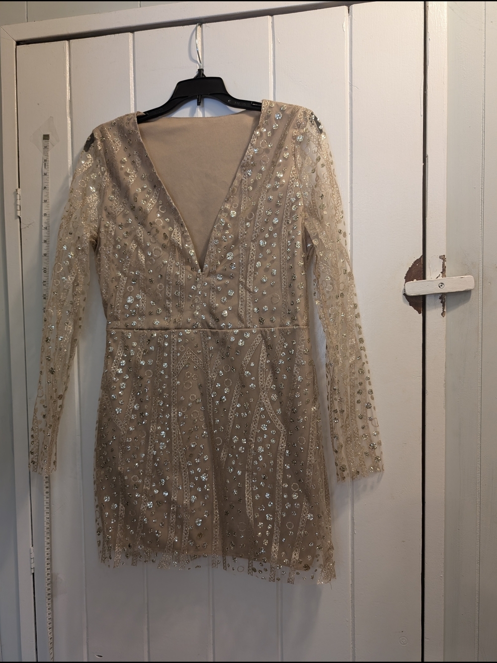 Sequin Long-Sleeve V-Neck Mini Dress/ Dance Costume in Champagne 30" Loose Waist